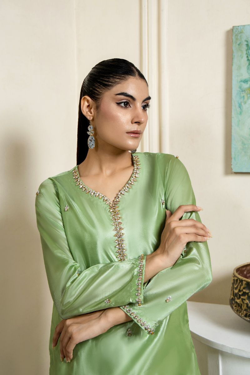 Laleen - Hiba Katan Silk Suit For Women - Mint Green - 3 Piece