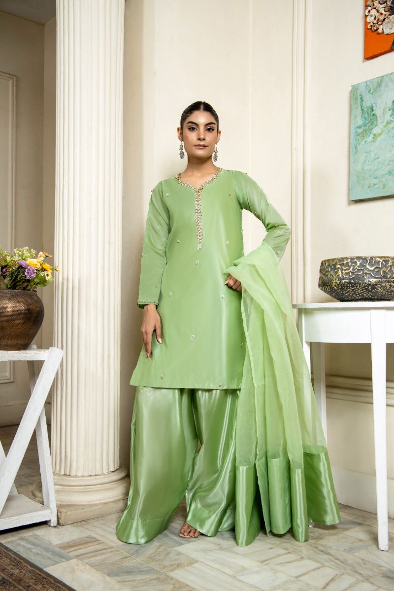 Laleen - Hiba Katan Silk Suit For Women - Mint Green - 3 Piece