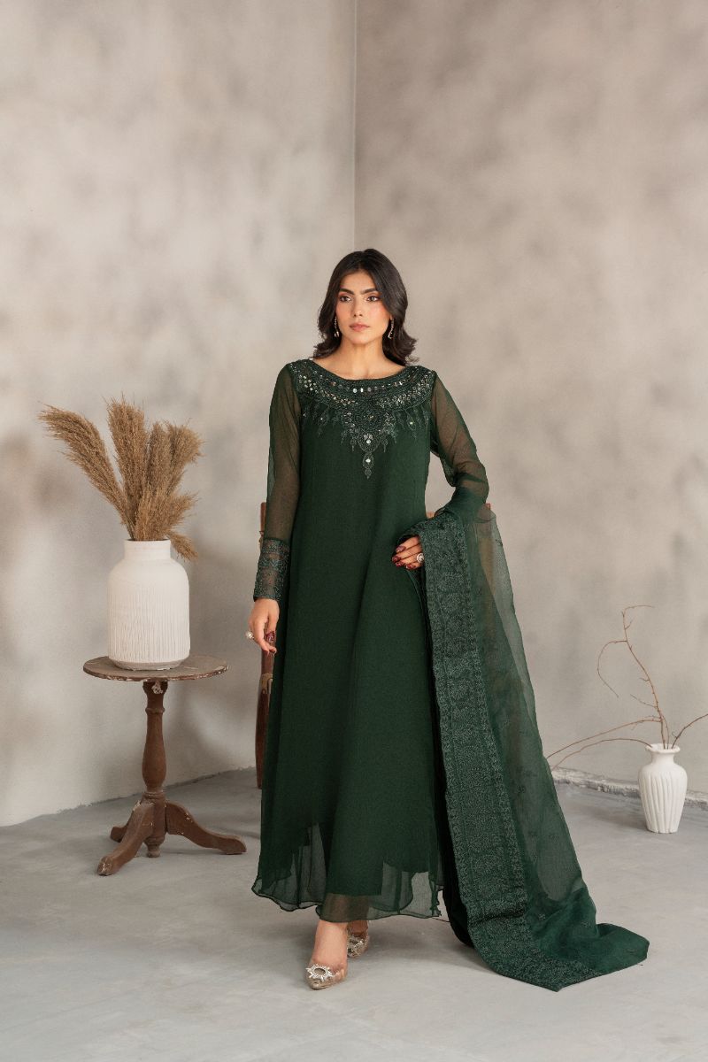 Laleen - Inara Chiffon Suit For Women - Bottle Green - 3 Piece