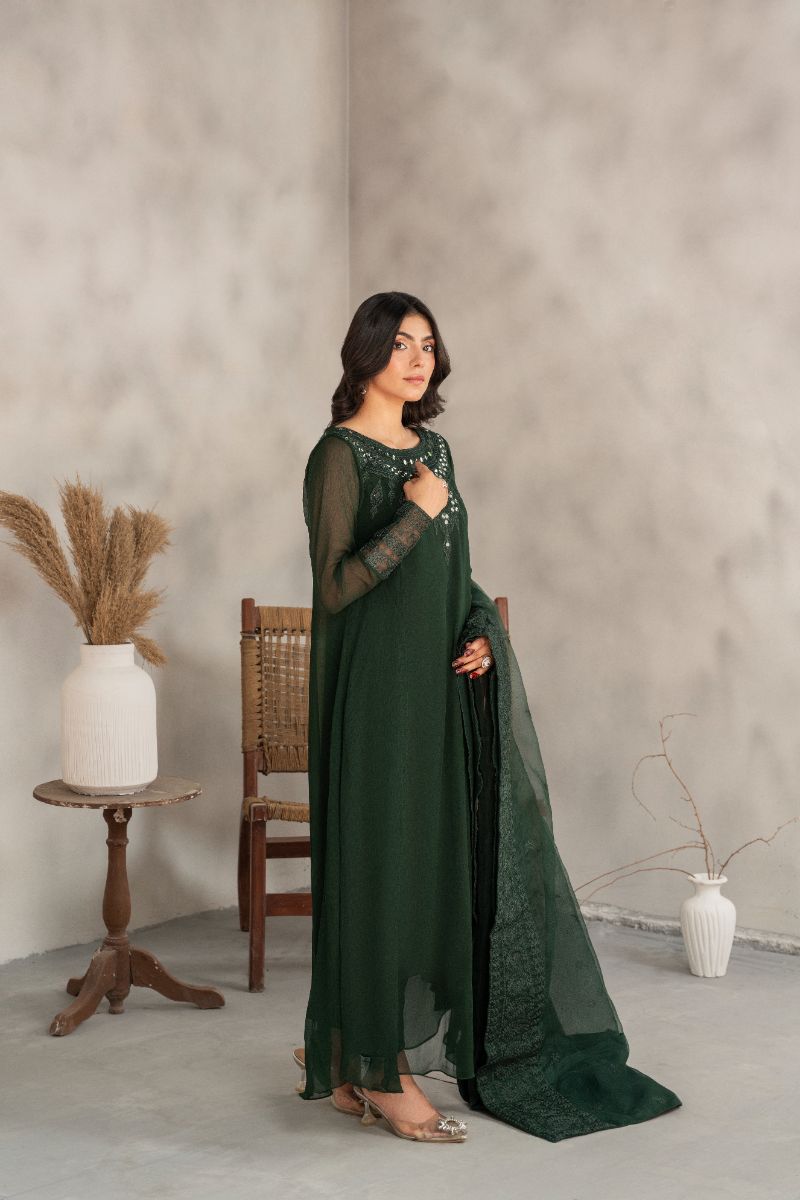 Laleen - Inara Chiffon Suit For Women - Bottle Green - 3 Piece