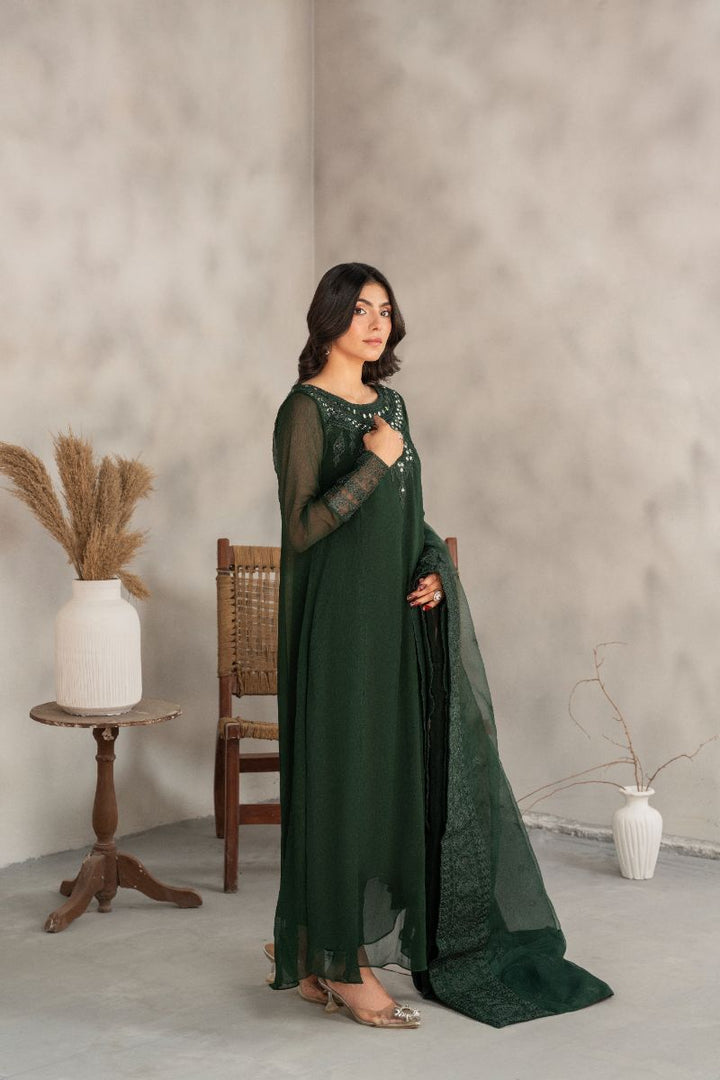 Laleen - Inara Chiffon Suit For Women - Bottle Green - 3 Piece