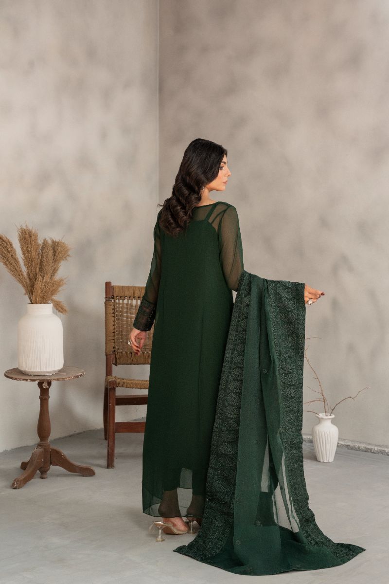Laleen - Inara Chiffon Suit For Women - Bottle Green - 3 Piece