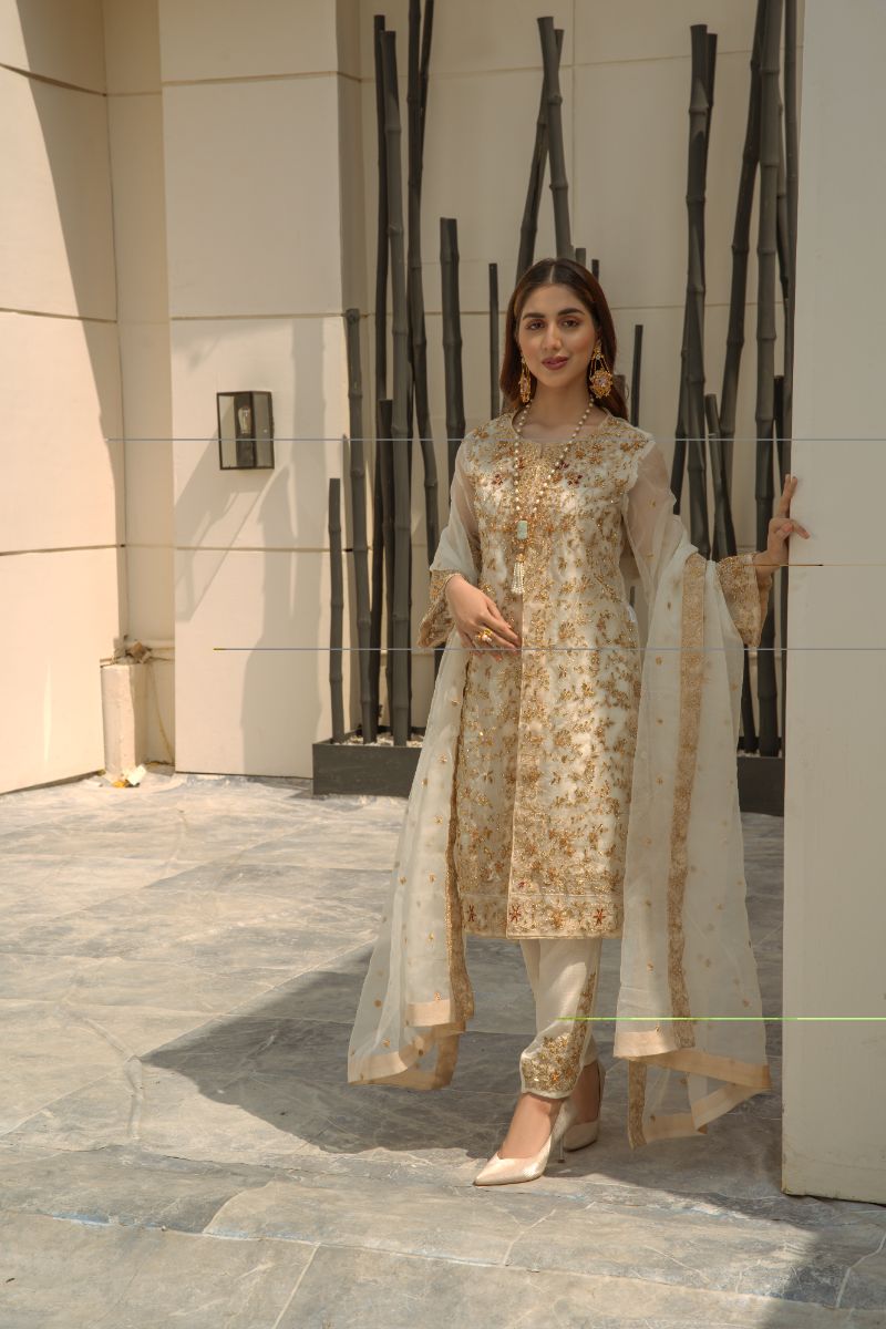Laleen - Ivory Jewel Organza Suit For Women - Ivory - 3 Piece