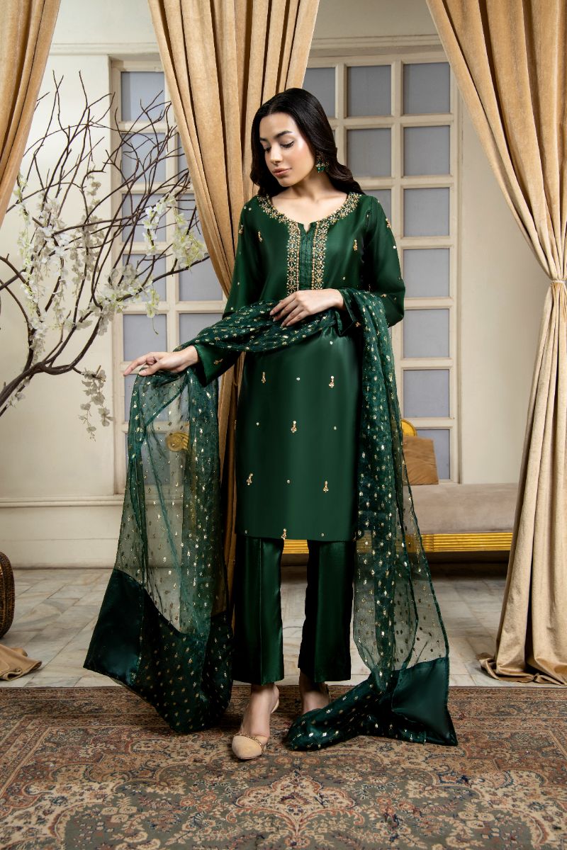 Laleen - Khazana Katan Silk Suit For Women - Bottle Green - 3 Piece