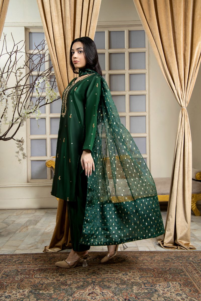 Laleen - Khazana Katan Silk Suit For Women - Bottle Green - 3 Piece