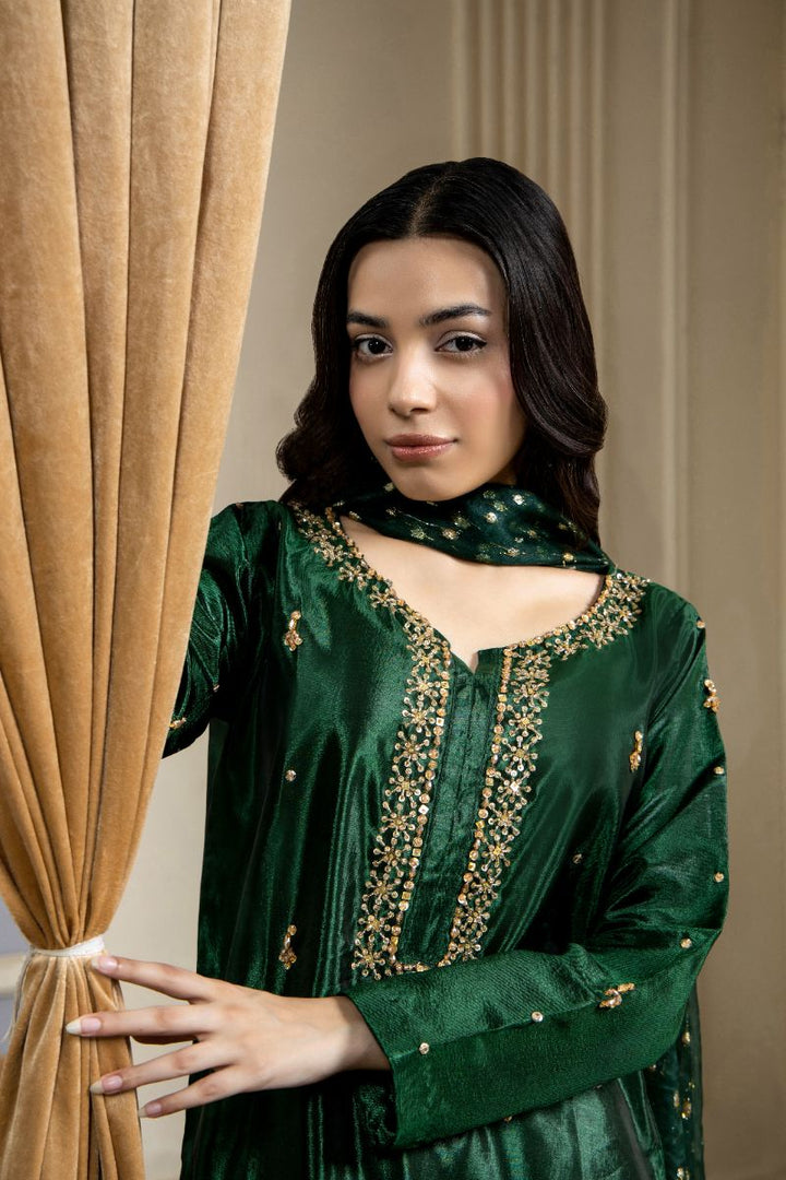 Laleen - Khazana Katan Silk Suit For Women - Bottle Green - 3 Piece