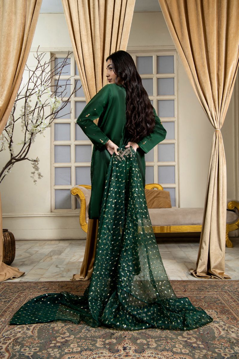 Laleen - Khazana Katan Silk Suit For Women - Bottle Green - 3 Piece