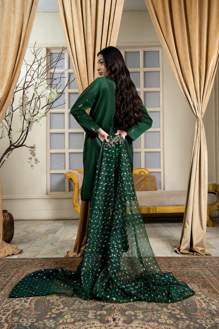 Laleen - Khazana Katan Silk Suit For Women - Bottle Green - 3 Piece
