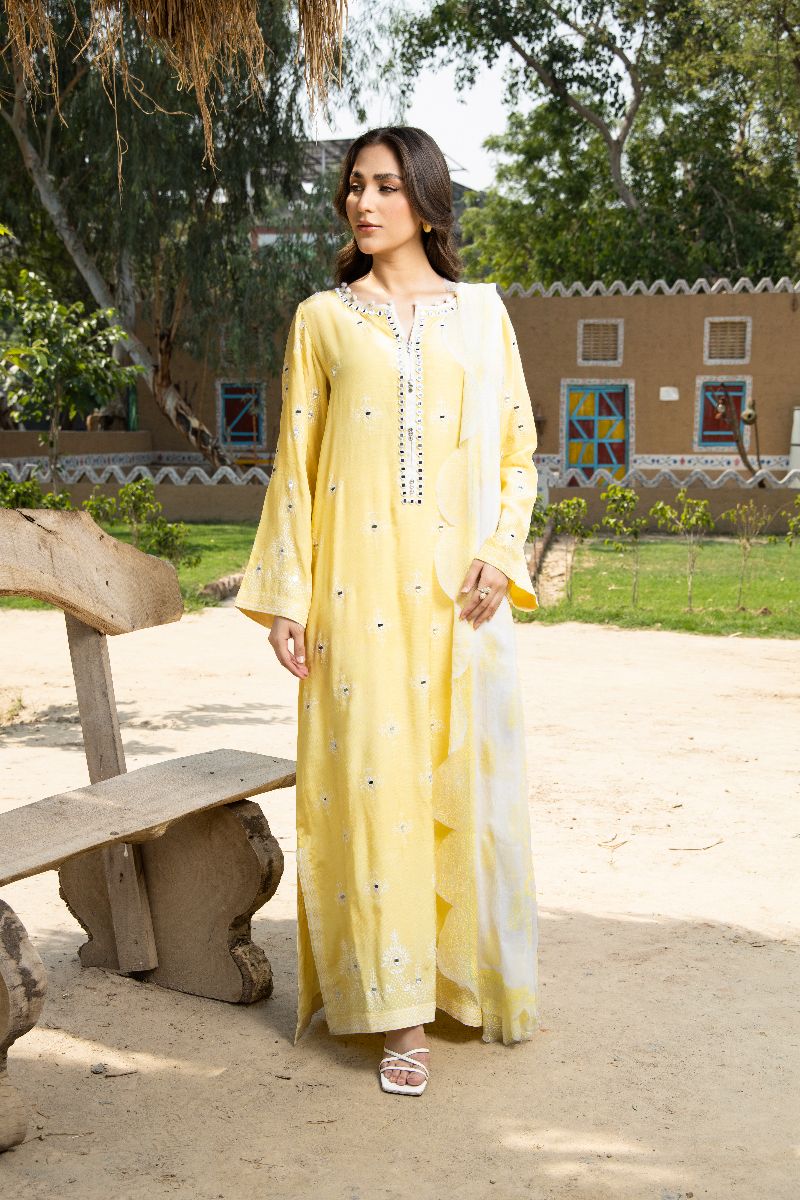 Laleen - Lemon Pearl Raw Silk Suit For Women - Yellow - 3 Piece