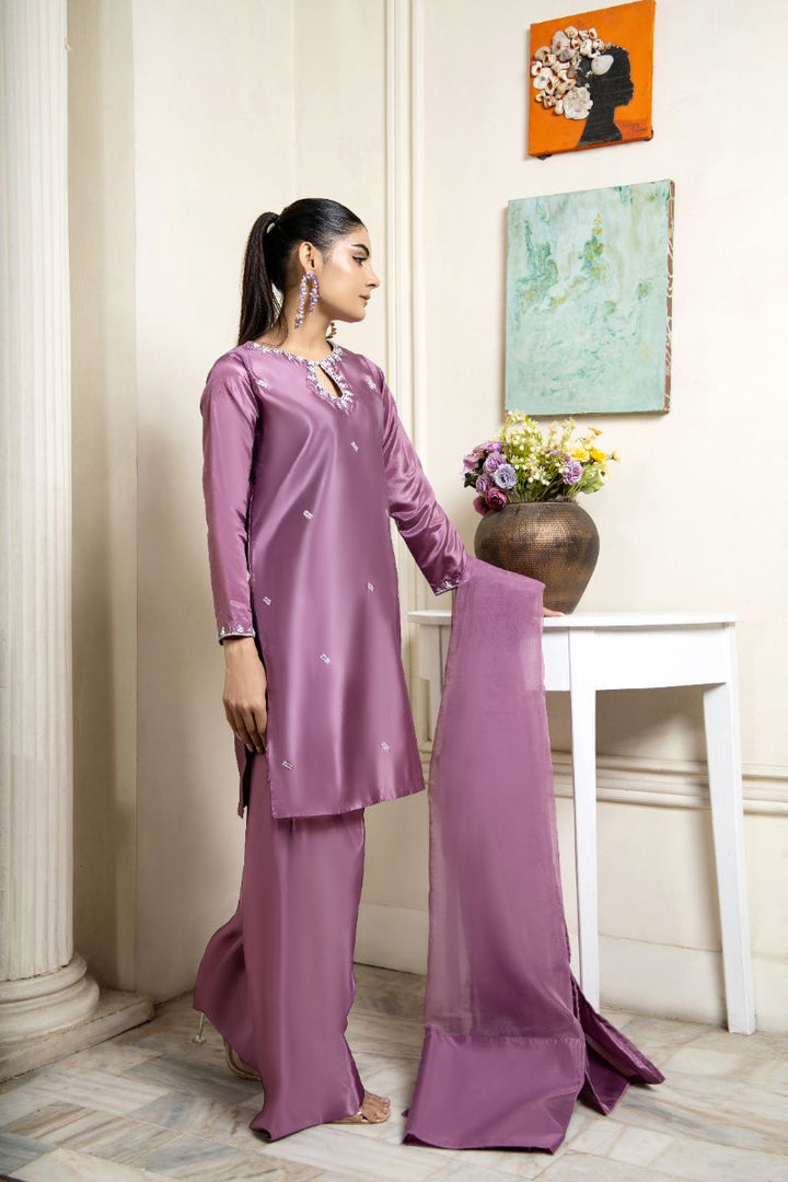 Laleen - Manzar Katan Silk Suit For Women - Mauve - 3 Piece