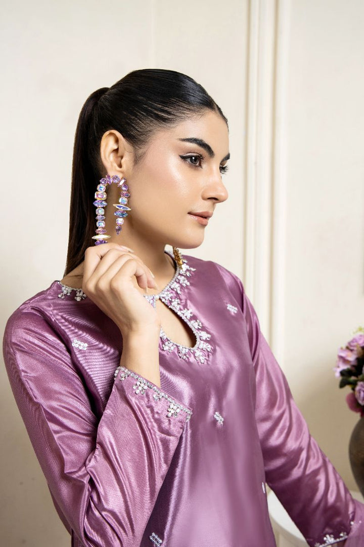 Laleen - Manzar Katan Silk Suit For Women - Mauve - 3 Piece
