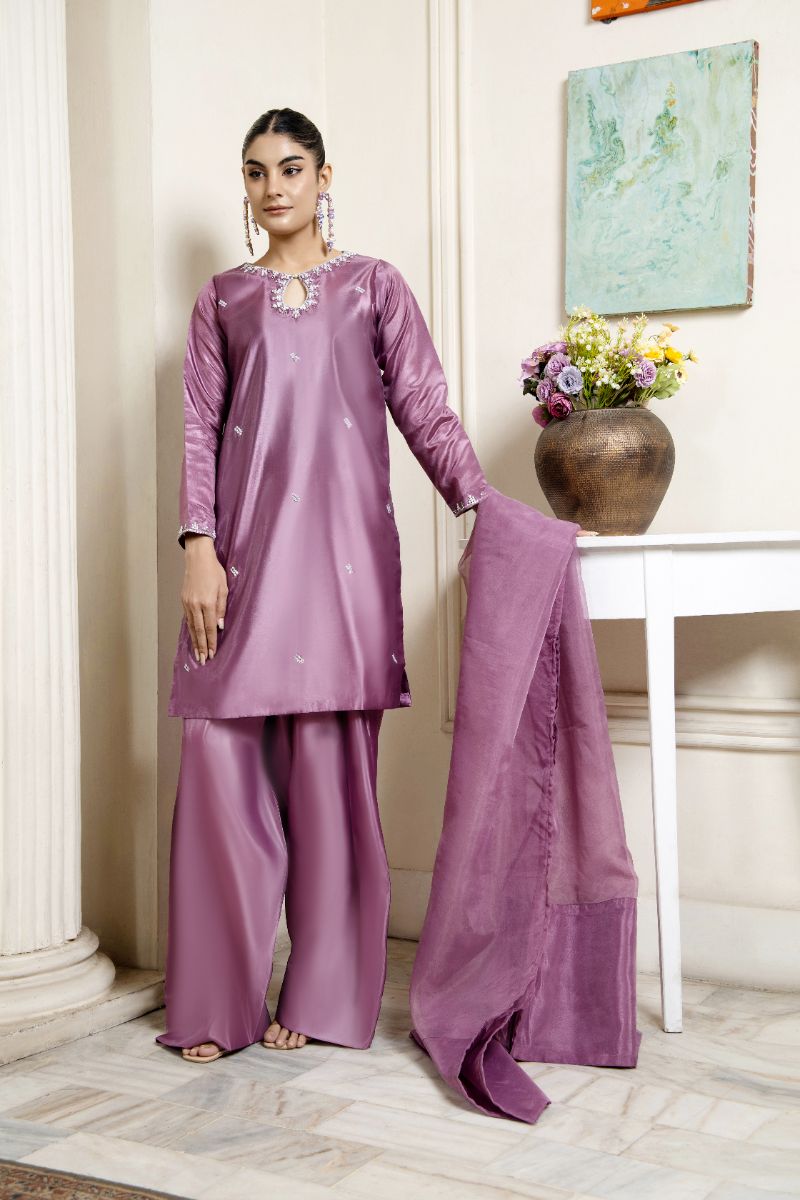 Laleen - Manzar Katan Silk Suit For Women - Mauve - 3 Piece