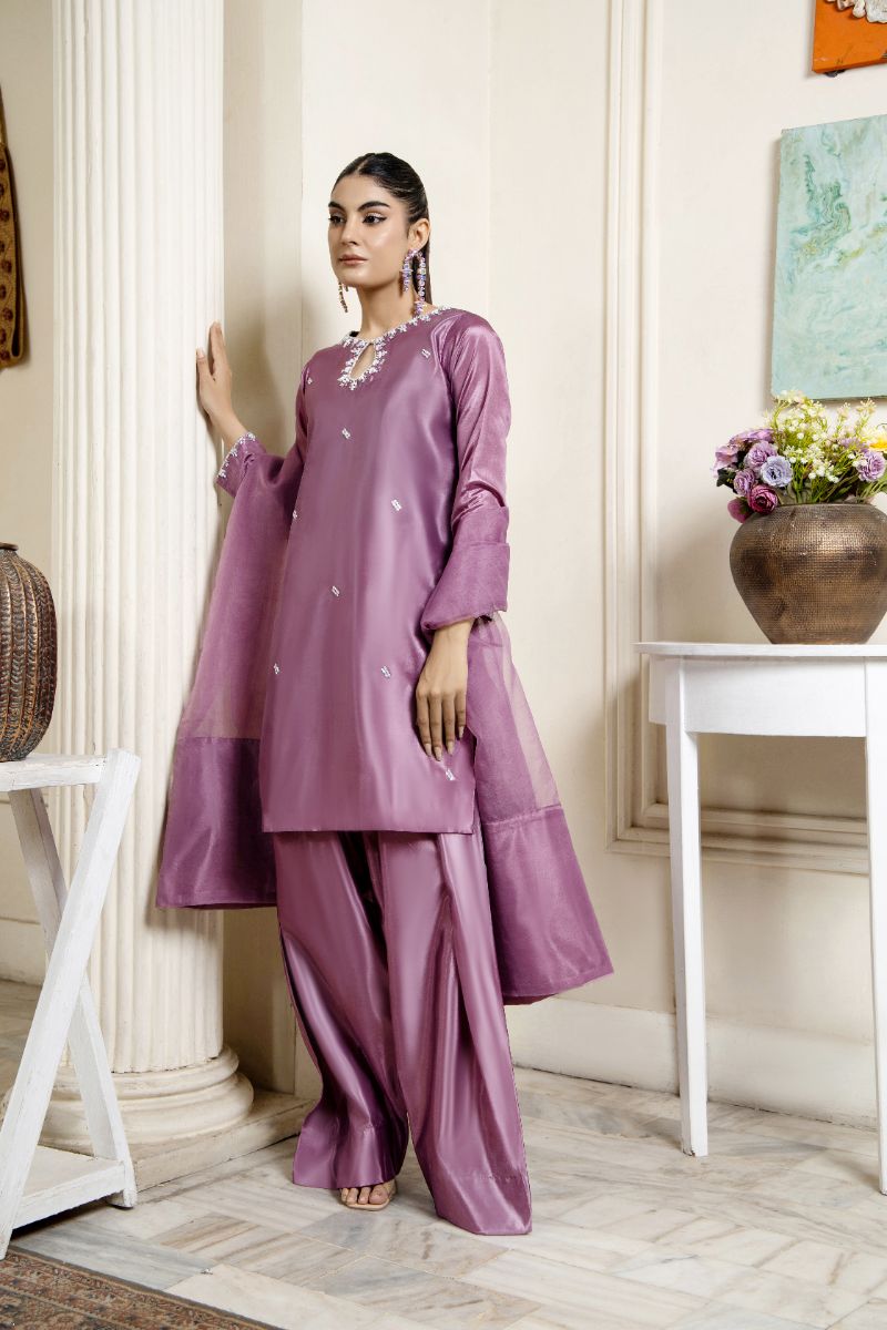 Laleen - Manzar Katan Silk Suit For Women - Mauve - 3 Piece