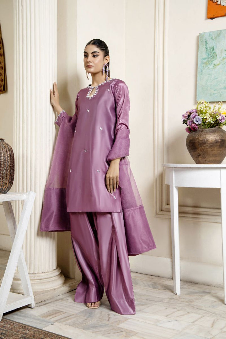 Laleen - Manzar Katan Silk Suit For Women - Mauve - 3 Piece
