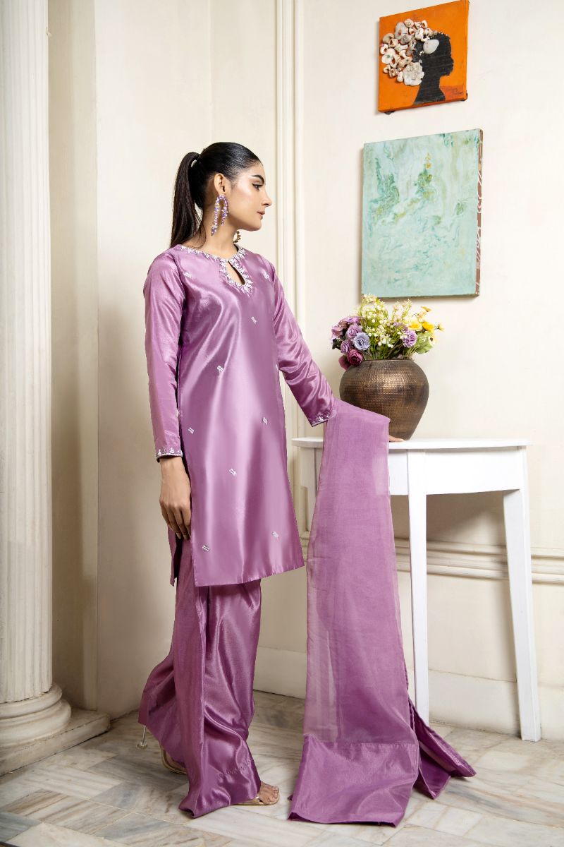 Laleen - Manzar Katan Silk Suit For Women - Mauve - 3 Piece