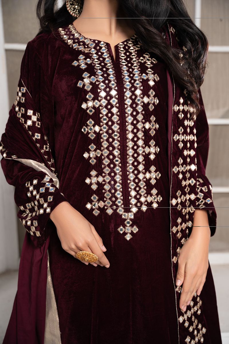 Laleen Marigold Suit Maroon 3 Piece