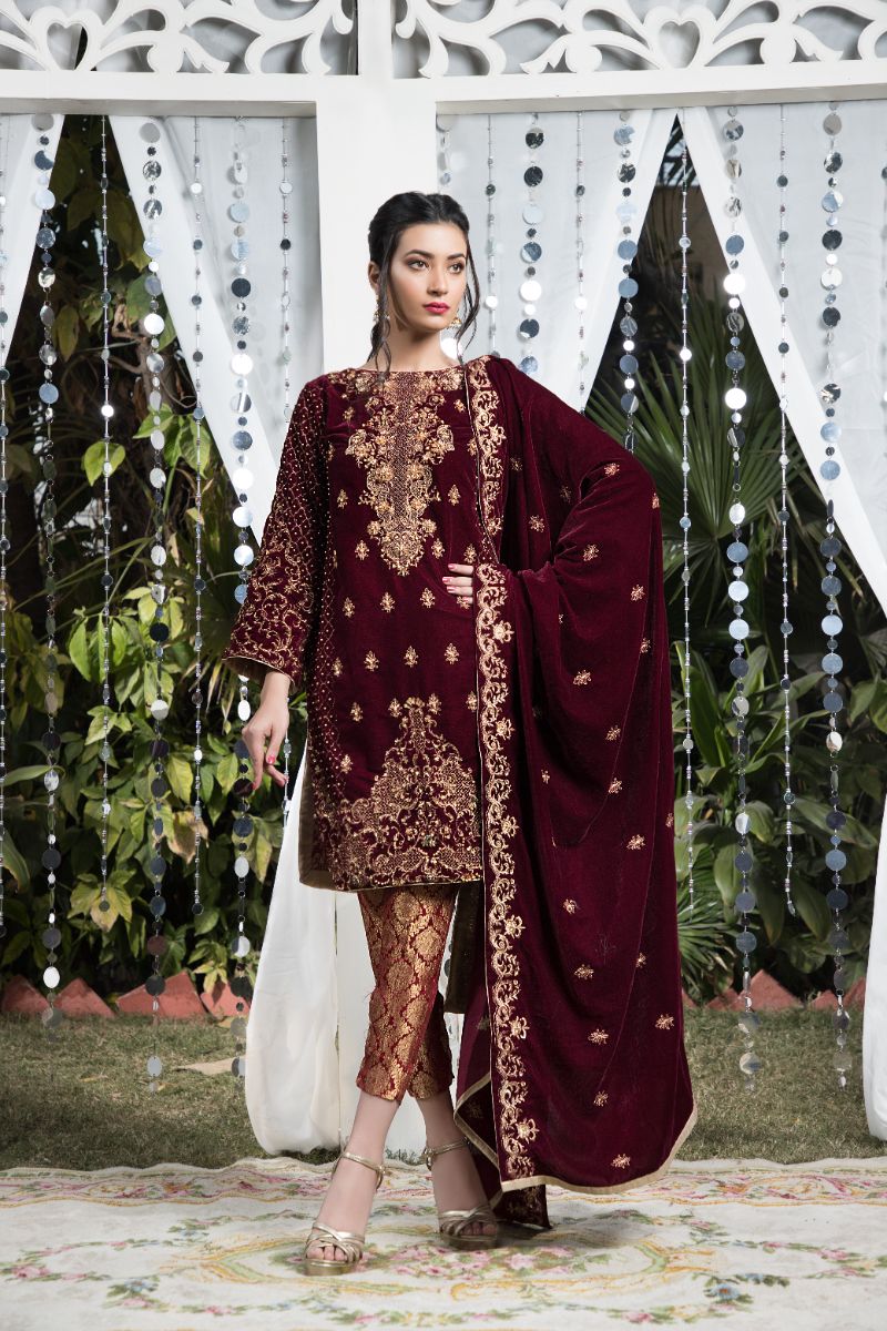 Laleen - Maroon Fantasy Velvet Suit For Women - Maroon - 3 Piece