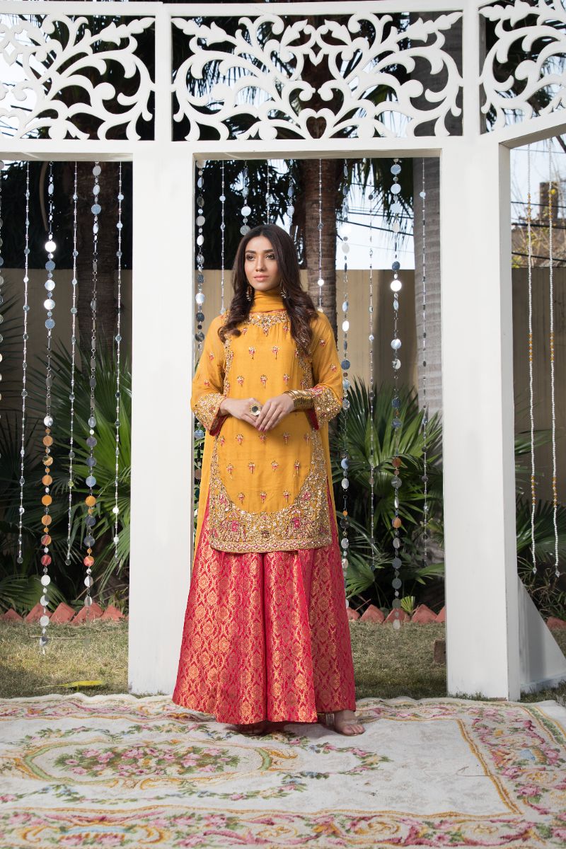 Laleen - Mustard Festive Chiffon Sharara For Women - Mustard - 3 Piece