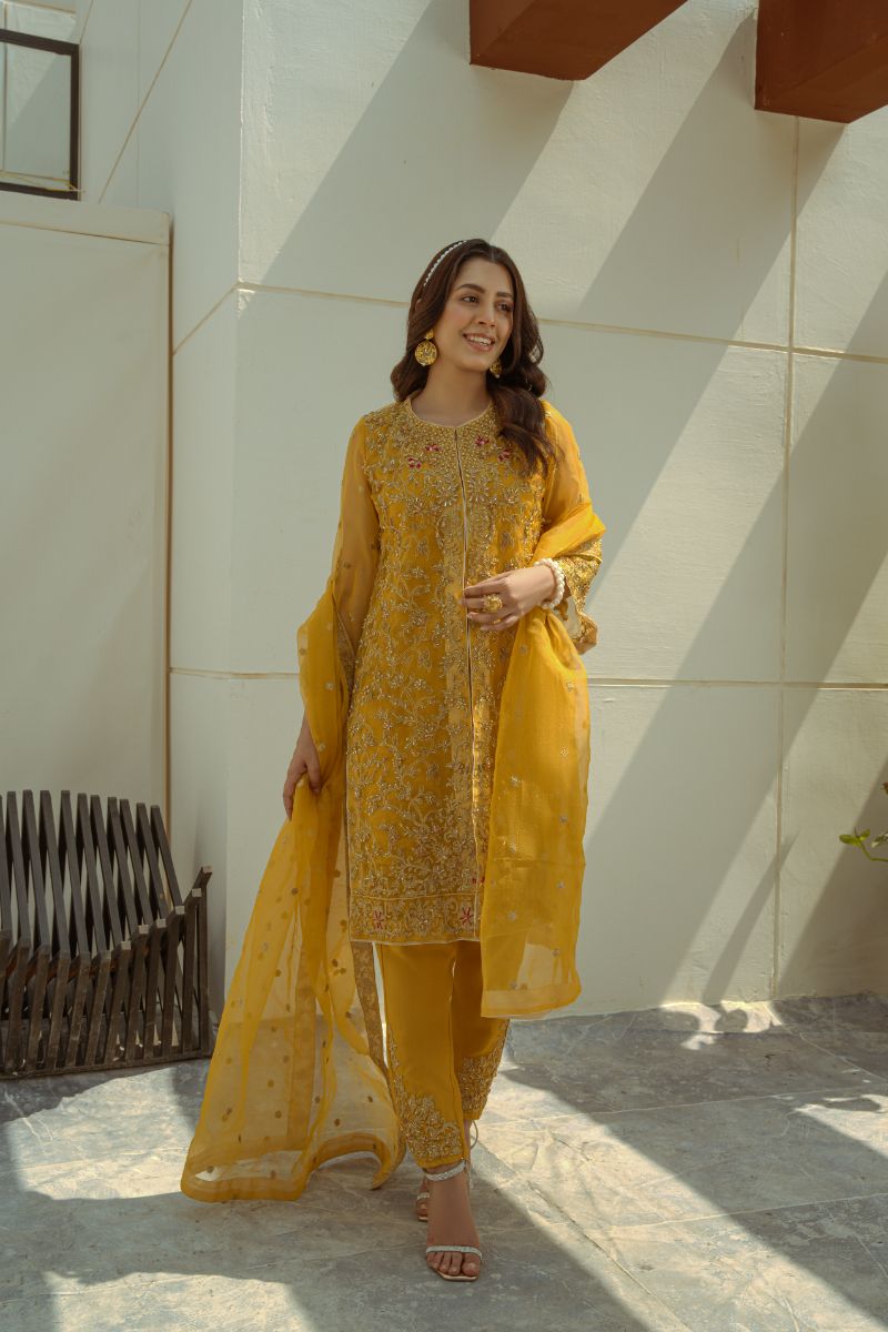 Laleen - Mustard Jewel Organza Suit For Women - Mustrad - 3 Piece