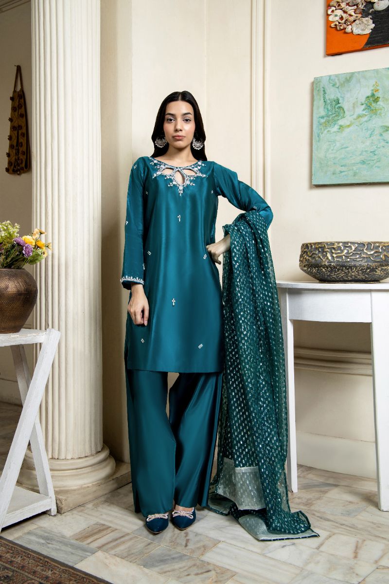 Laleen - Nazakat Katan Silk Suit For Women - Teal - 3 Piece