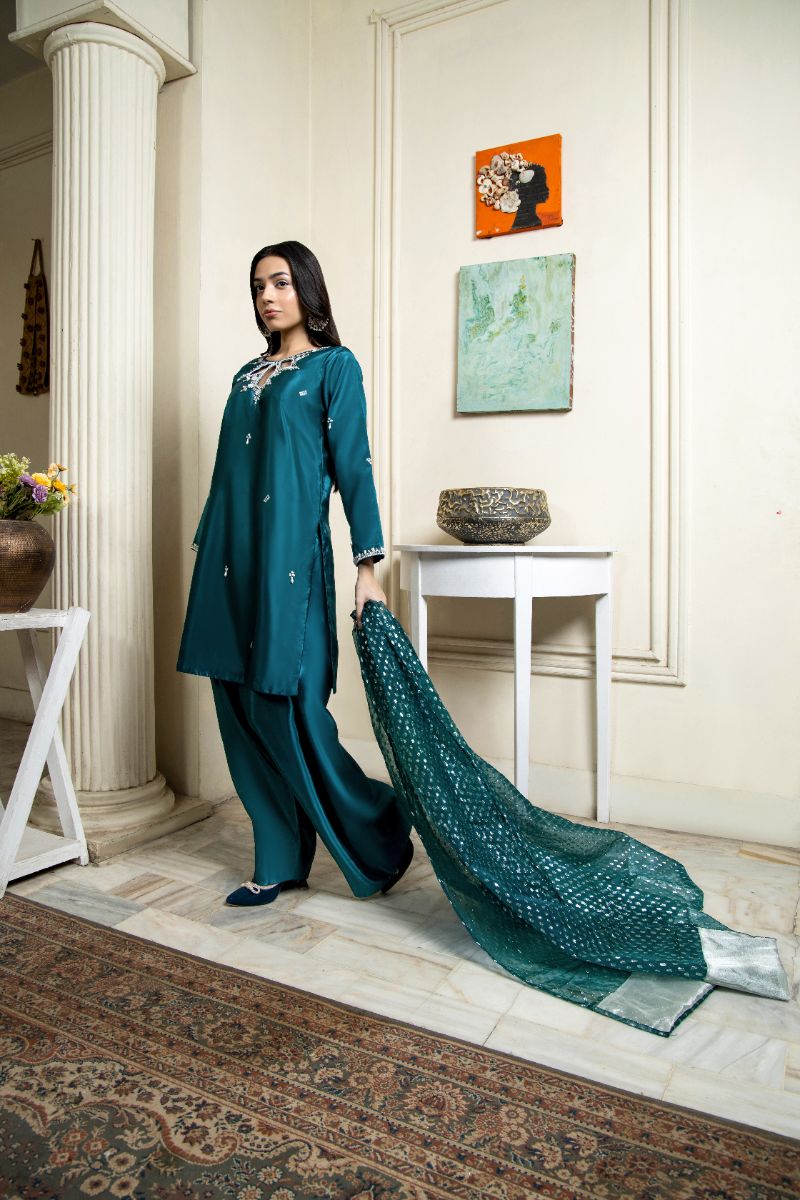 Laleen - Nazakat Katan Silk Suit For Women - Teal - 3 Piece