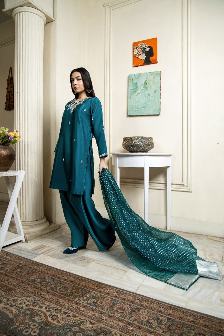 Laleen - Nazakat Katan Silk Suit For Women - Teal - 3 Piece