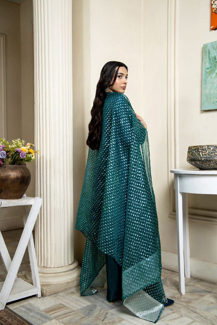 Laleen - Nazakat Katan Silk Suit For Women - Teal - 3 Piece