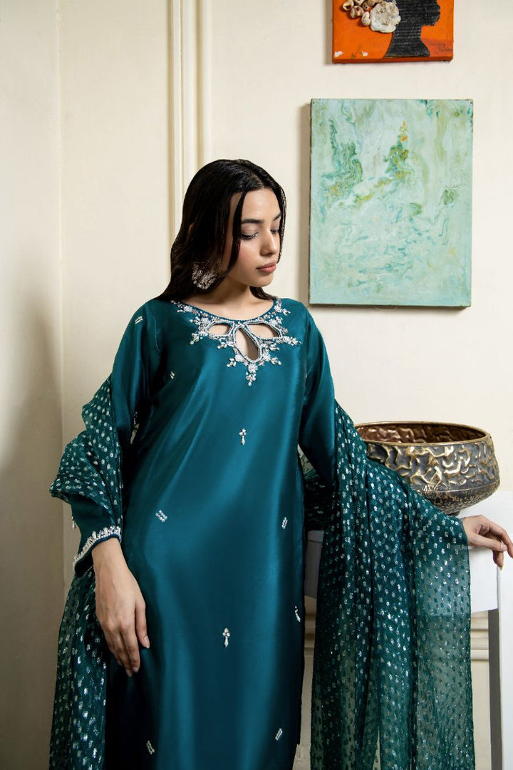 Laleen - Nazakat Katan Silk Suit For Women - Teal - 3 Piece