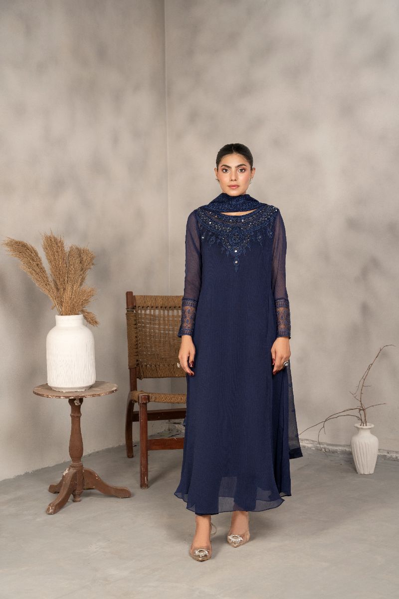 Laleen - Noir Chiffon Suit For Women - Blue - 3 Piece