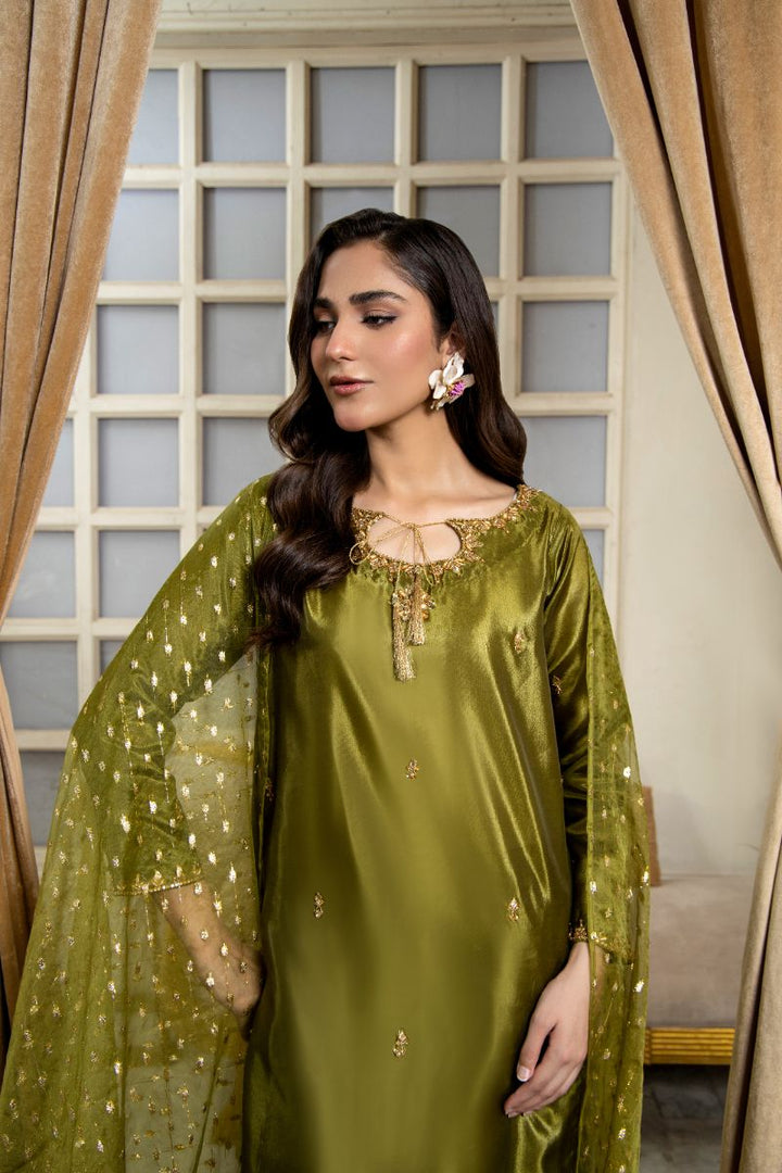 Laleen - Parsa Katan Silk Suit For Women - Olive Green - 3 Piece