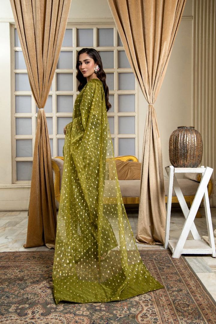 Laleen - Parsa Katan Silk Suit For Women - Olive Green - 3 Piece