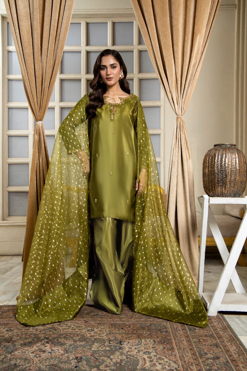 Laleen - Parsa Katan Silk Suit For Women - Olive Green - 3 Piece
