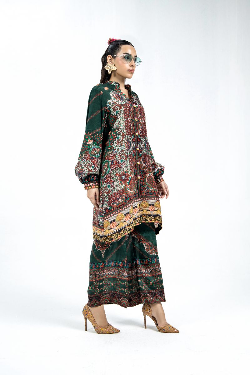Laleen - Prism Raw Silk Suit For Women - Bottle Green - 2 Piece