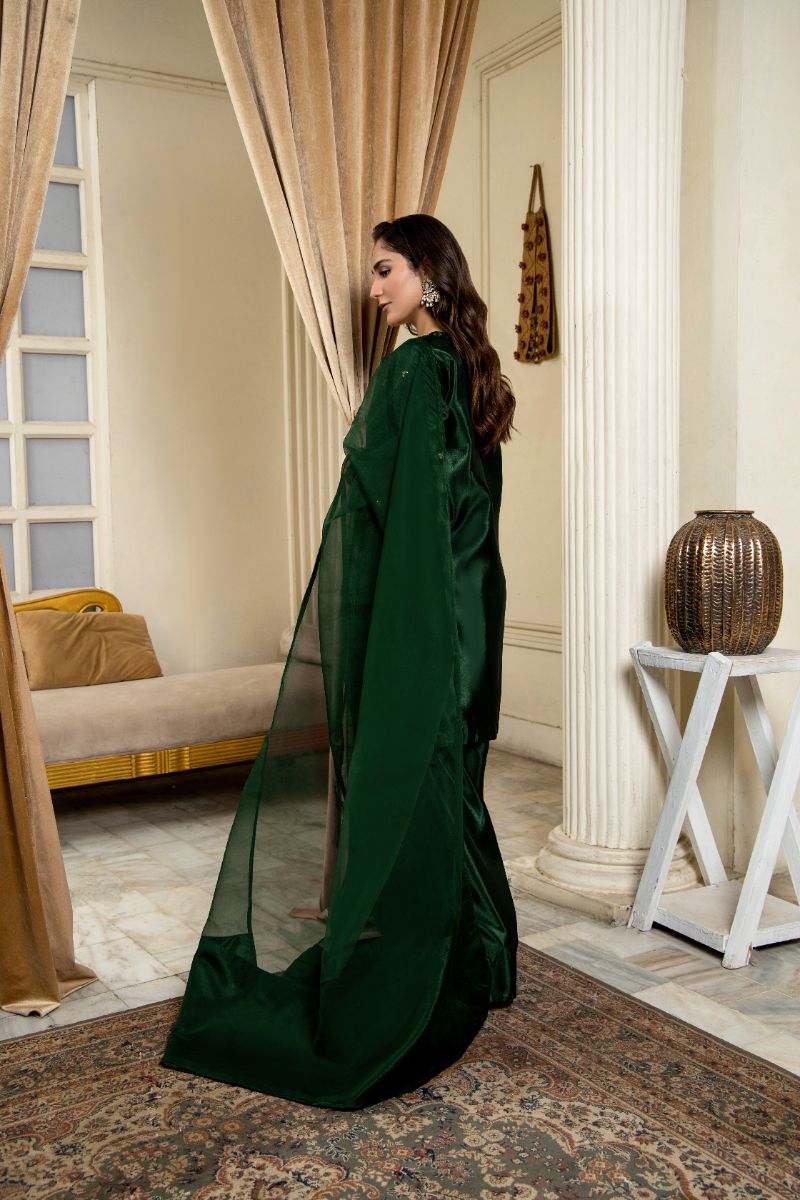 Laleen - Raskh Katan Silk Suit For Women - Bottle Green - 3 Piece