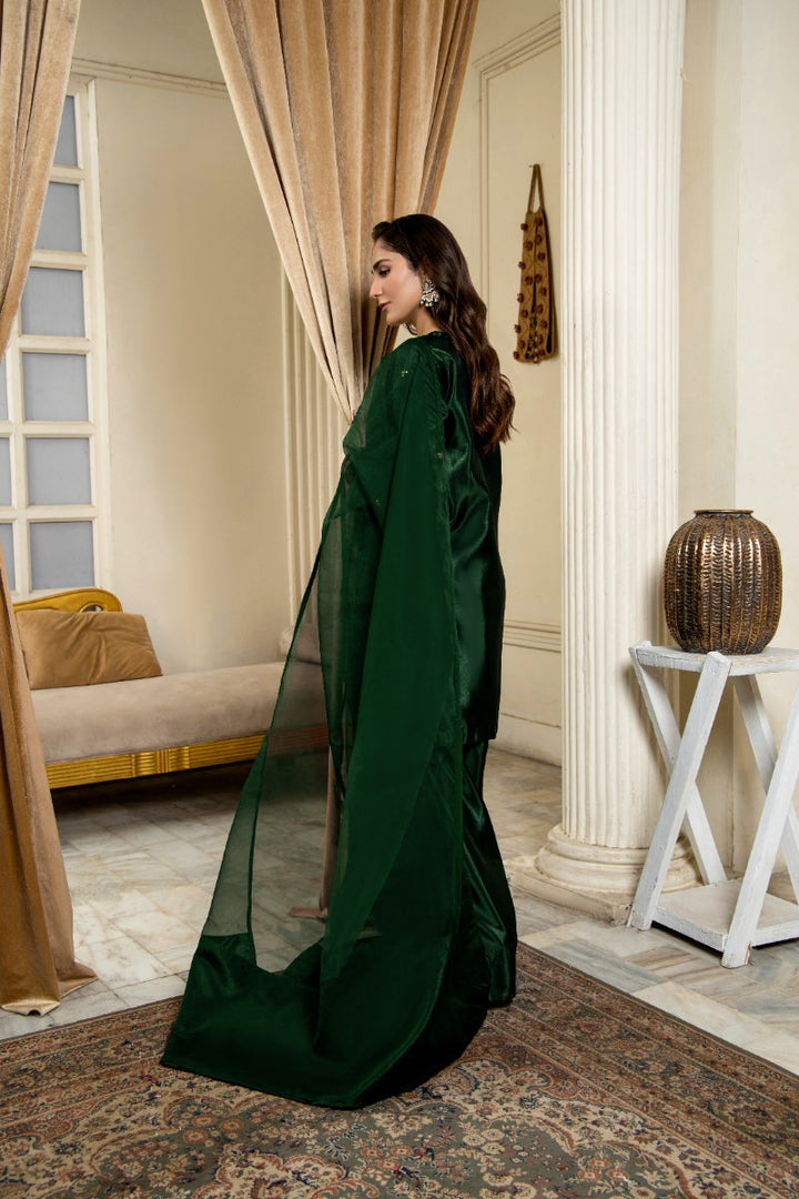 Laleen - Raskh Katan Silk Suit For Women - Bottle Green - 3 Piece