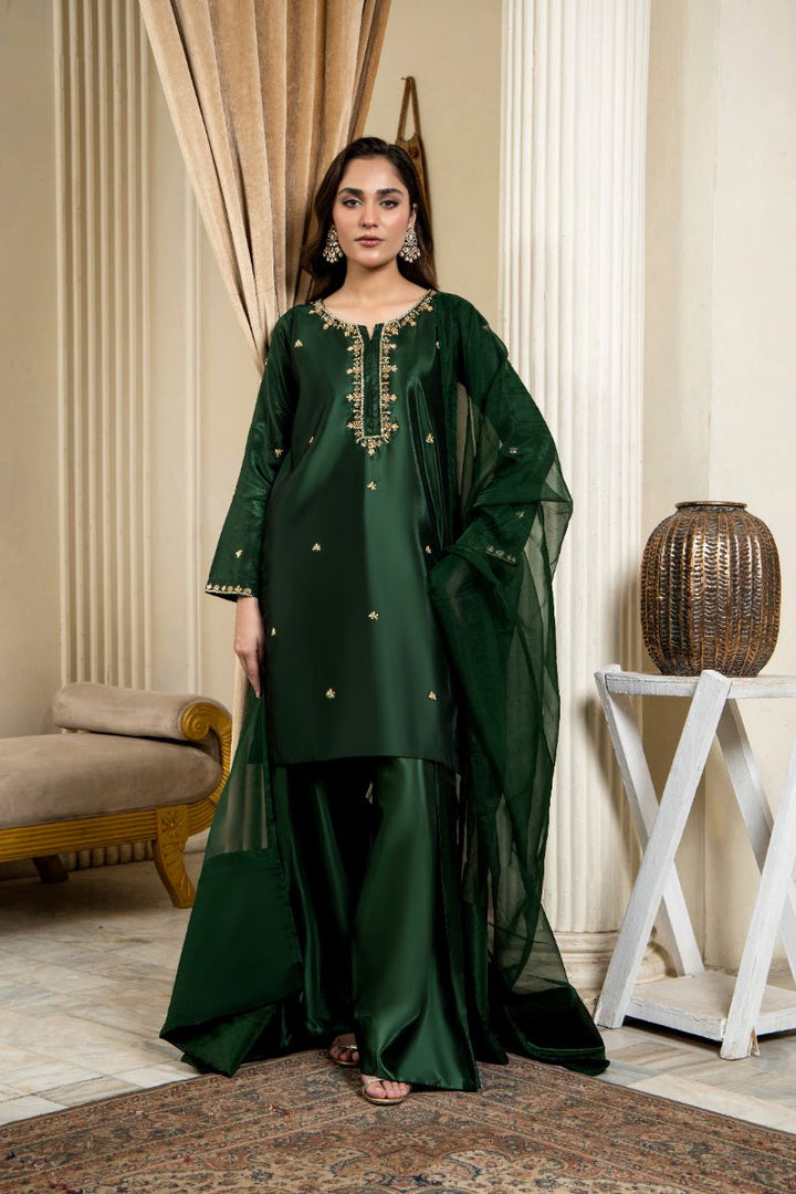 Laleen - Raskh Katan Silk Suit For Women - Bottle Green - 3 Piece