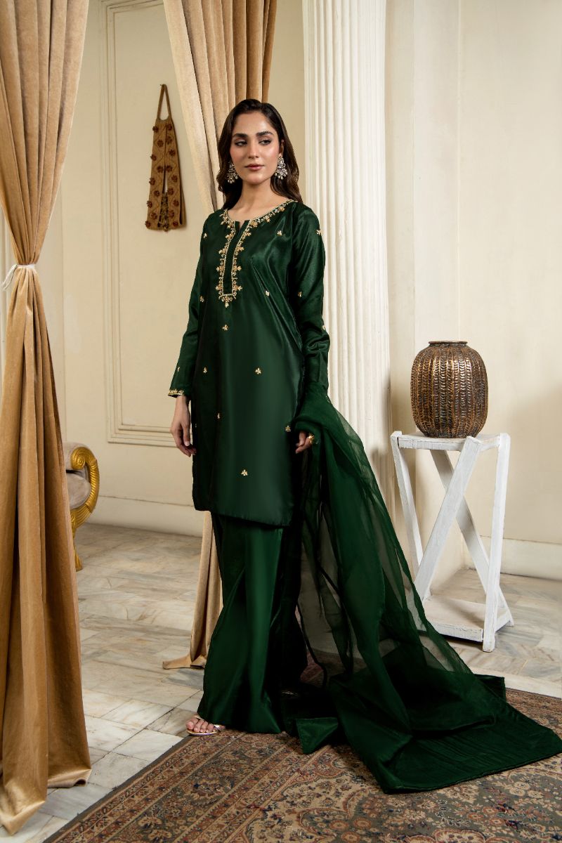 Laleen - Raskh Katan Silk Suit For Women - Bottle Green - 3 Piece