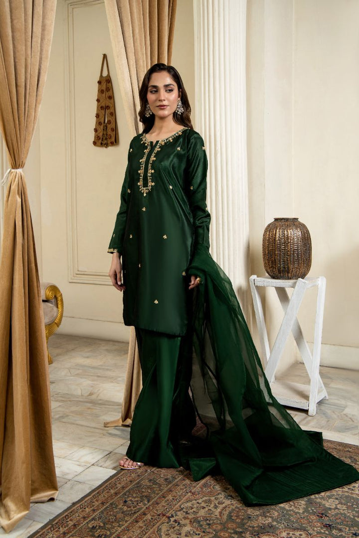 Laleen - Raskh Katan Silk Suit For Women - Bottle Green - 3 Piece