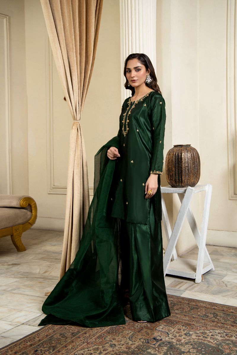 Laleen - Raskh Katan Silk Suit For Women - Bottle Green - 3 Piece