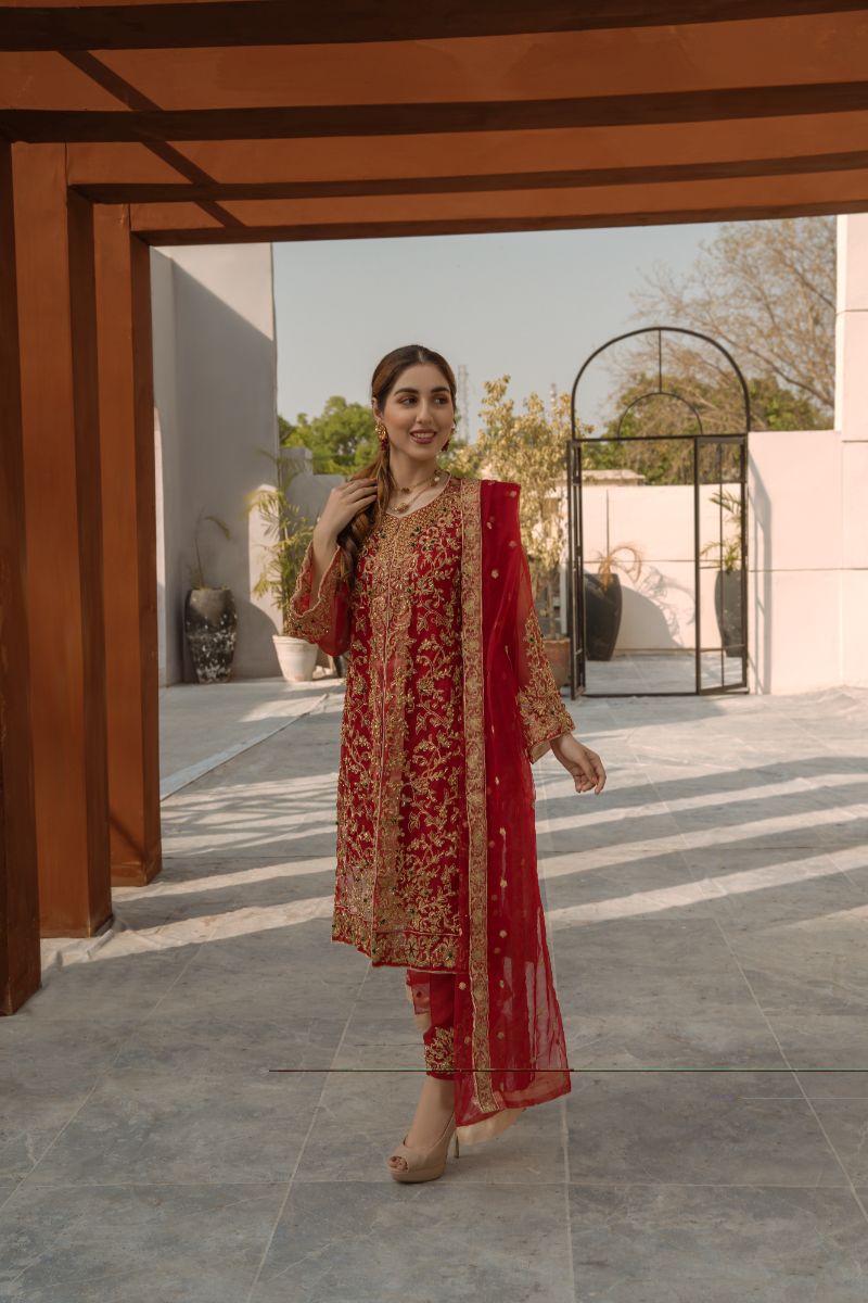 Laleen - Red Jewel Organza Suit For Women - Red - 3 Piece