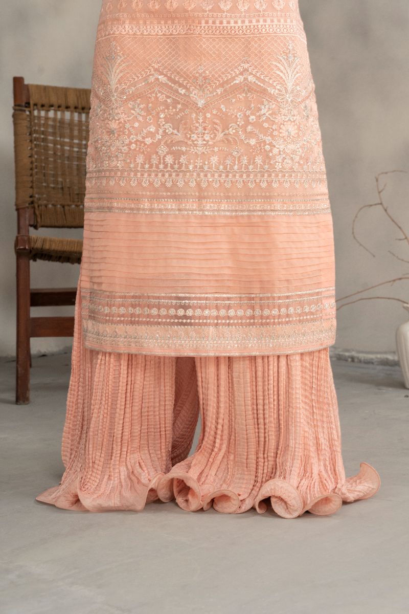 Laleen - Rosee Organza Sharara For Women - Peach Pink - 3 Piece