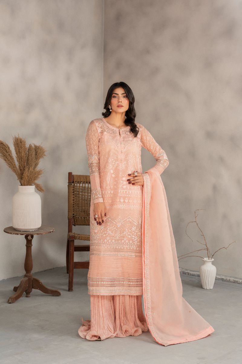 Laleen - Rosee Organza Sharara For Women - Peach Pink - 3 Piece