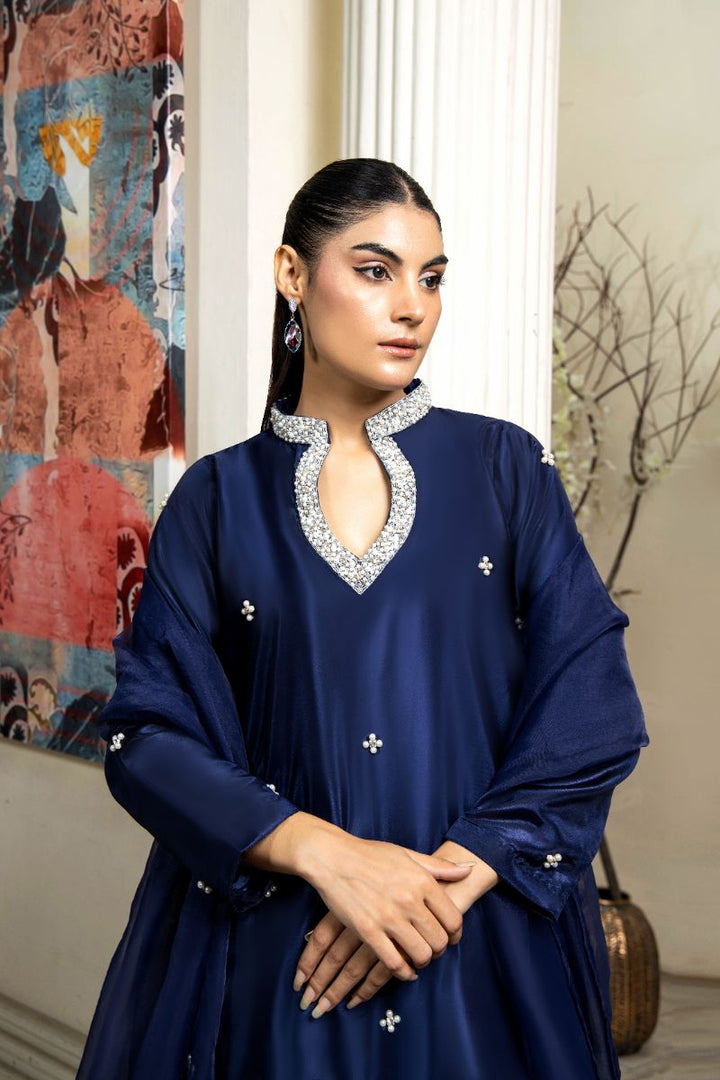 Laleen - Roshni Katan Silk Suit For Women - Blue - 3 Piece