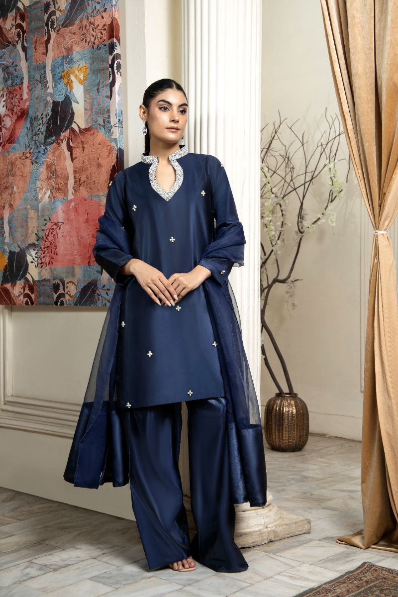 Laleen - Roshni Katan Silk Suit For Women - Blue - 3 Piece