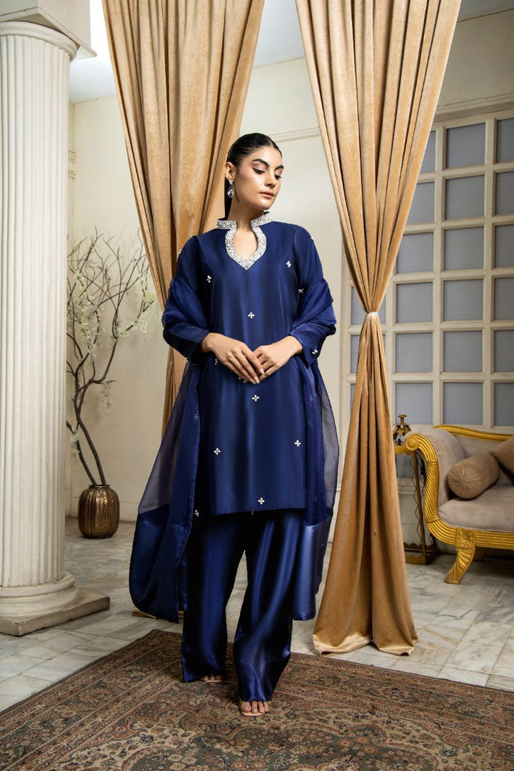Laleen - Roshni Katan Silk Suit For Women - Blue - 3 Piece
