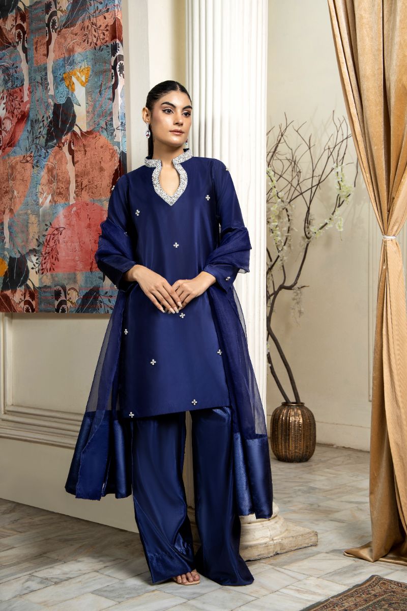Laleen - Roshni Katan Silk Suit For Women - Blue - 3 Piece