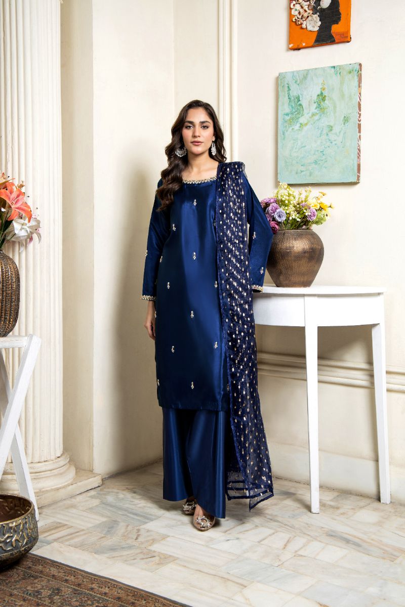 Laleen - Safina Katan Silk Suit For Women - Blue - 3 Piece