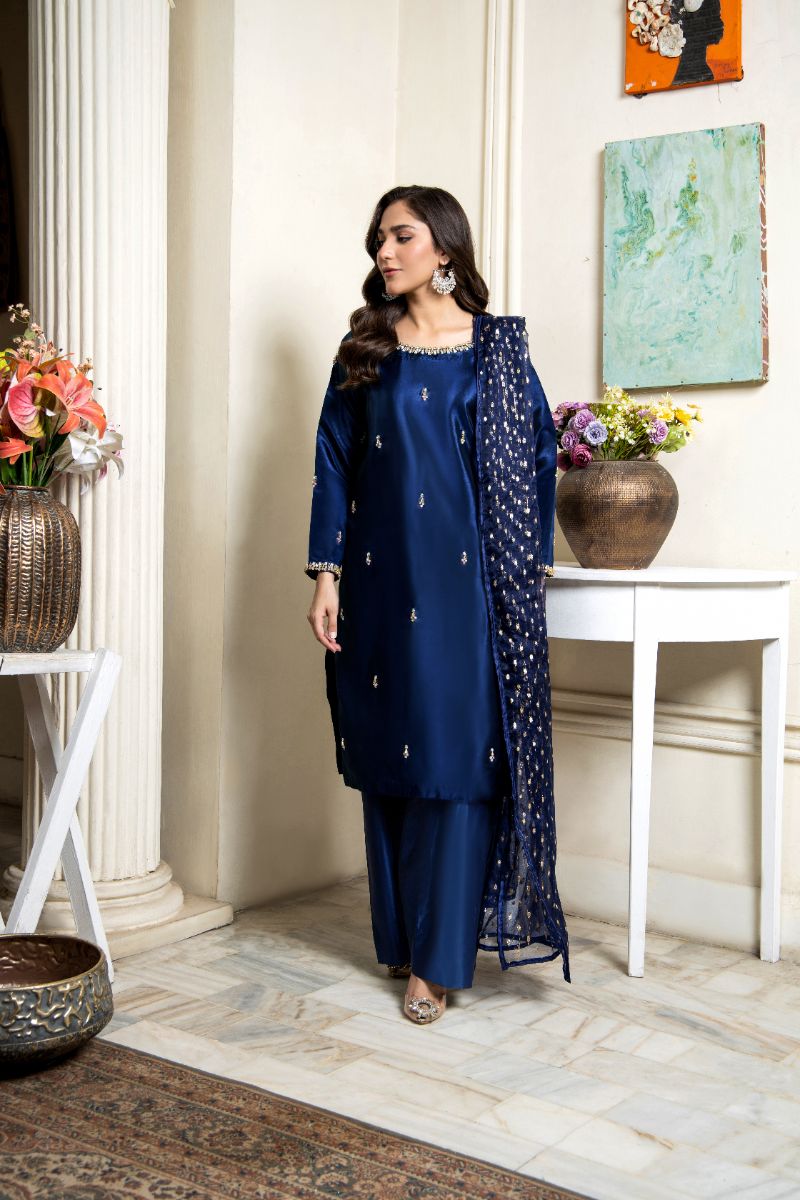 Laleen - Safina Katan Silk Suit For Women - Blue - 3 Piece