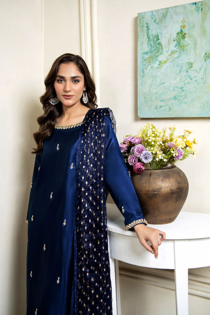 Laleen - Safina Katan Silk Suit For Women - Blue - 3 Piece