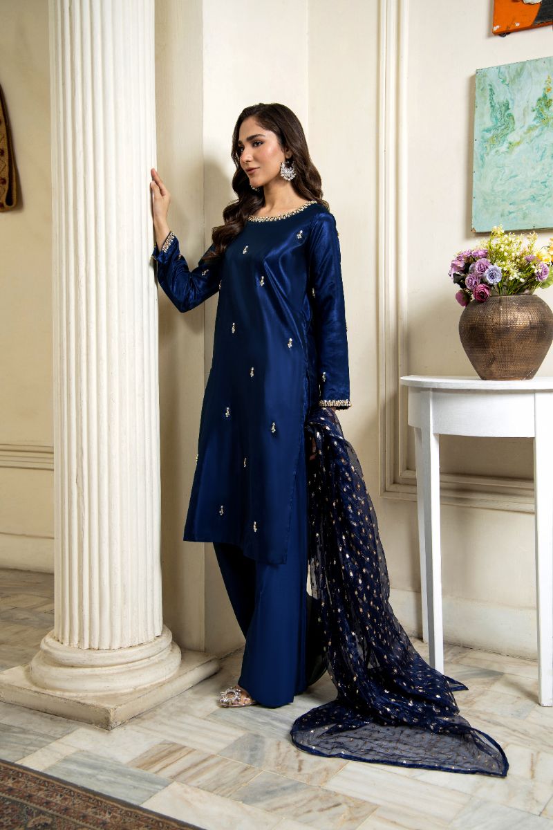Laleen - Safina Katan Silk Suit For Women - Blue - 3 Piece